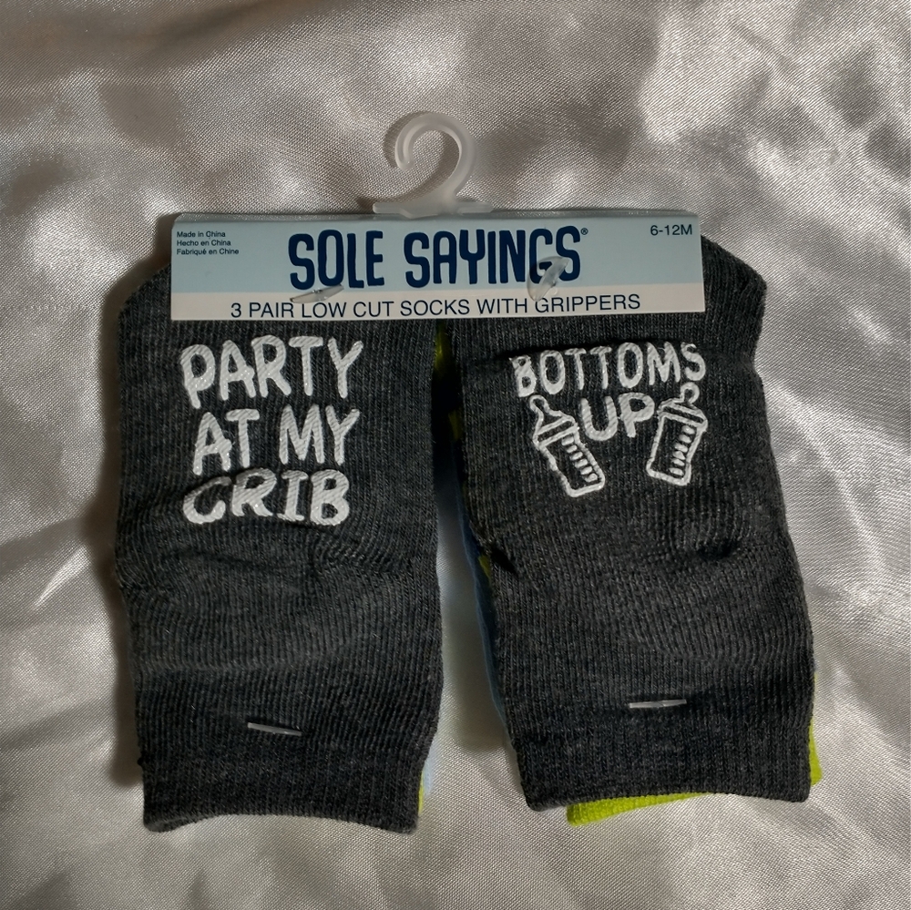 Sole Sayings Baby (6-12mo) Socks w/ Grippers - 3 Pairs